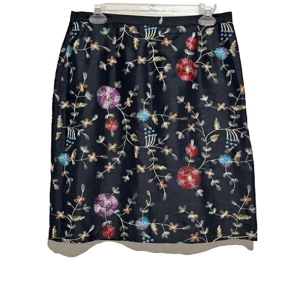 Silkland Short Pencil Skirt 12 Petites Black Floral Embroidered Lined Back Zip - Picture 1 of 8